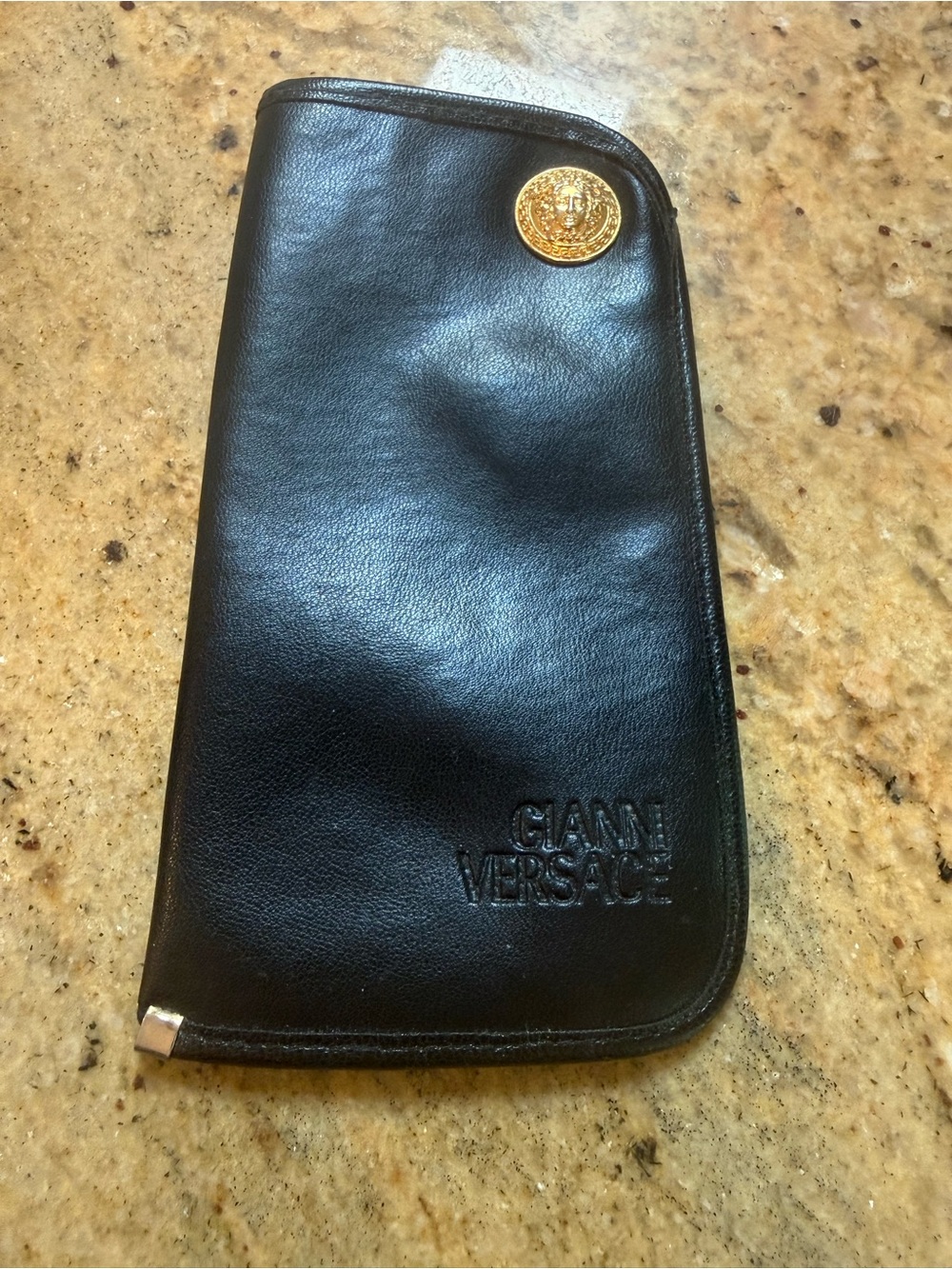 Vintage Gianni Versace Black Leather Eyeglass Case w/ Gold Medusa Logo